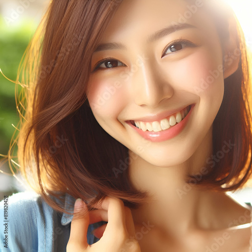 smiling happy natural asian woman with positive smile photo