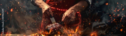 A man is cutting meat on a grill with a lot of smoke and fire,having a barbecue , barbecue grill, summer activities.