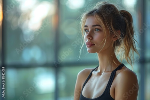 A fit young woman with a sports top stands in a thoughtful pose at a gym, suggesting wellness and focus