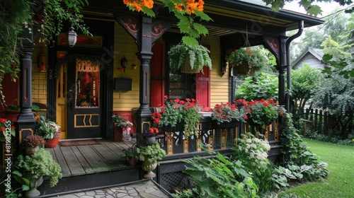 A charming bed and breakfast with a welcoming porch  flower boxes.