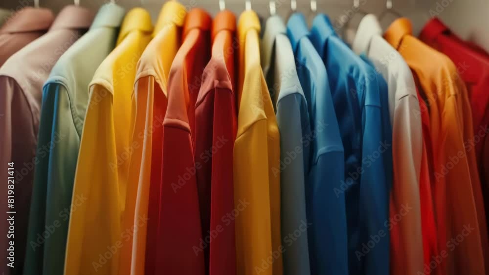 A row of colorful shirts hanging on a clothesline. The shirts are of different colors and styles, creating a vibrant and lively atmosphere. Concept of variety and diversity A row of colorful shirts hanging on a clothesline. The shirts are of different colors and styles, creating a vibrant and lively atmosphere. Concept of variety and diversity