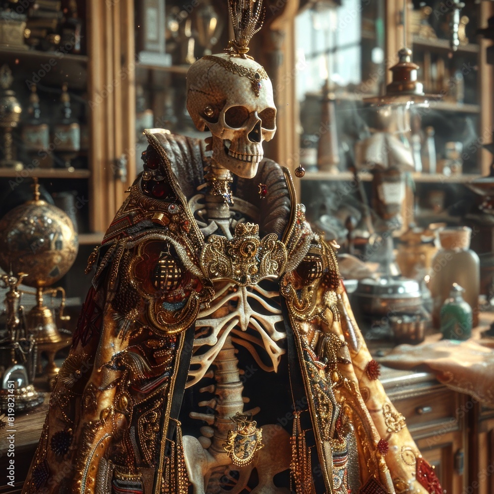 Golden Skeleton Mastering Alchemy in an Ornate Ancient Laboratory