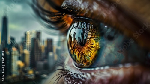 Aerial image of city reflected in eye iris photo