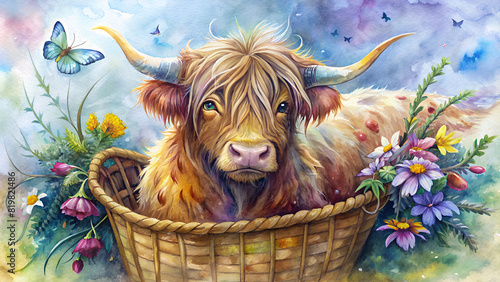 highland cow in a basket with flowers