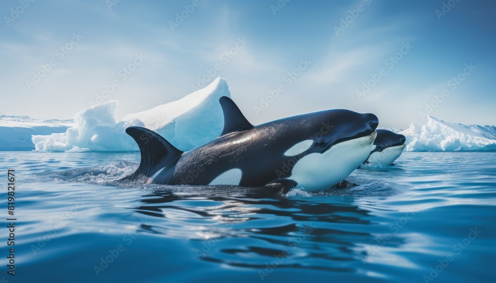 Fototapeta premium Groups of Orcas or killer whales swim and hunt for prey, the top of the food chain in a sea of ice floes