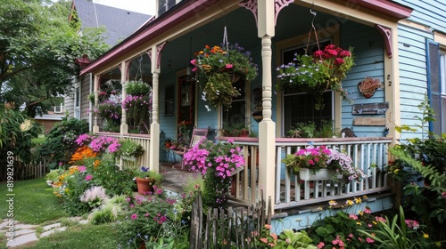 A charming bed and breakfast with a welcoming porch, flower boxes. © Hasii