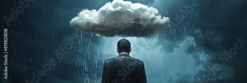Businessman, standing under rain, pessimistic man under cloud, sad business man, unlucky, misfortune