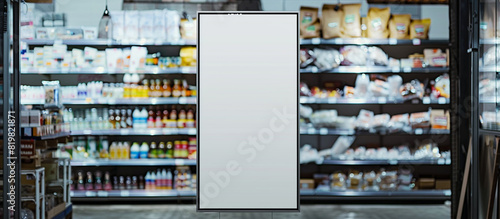 A blank billboard standing out against the backdrop of shelves filled with merchandise in a shop, offering a blank canvas for advertisers to make their mark in stunning 32k resolution.
