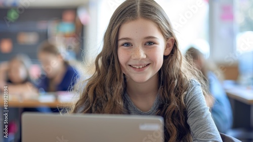 A Smiling Young Student at Her Desk