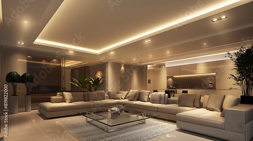 modern living room with a recessed ceiling filled with soft LED lights photo