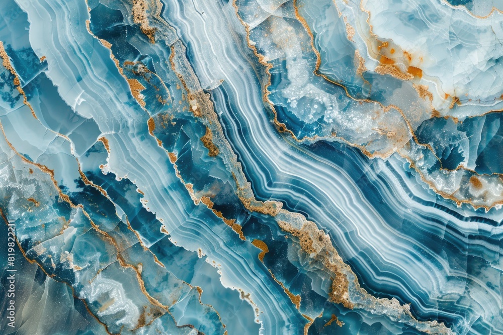 Close up of a blue and gold marble, ideal for backgrounds and textures