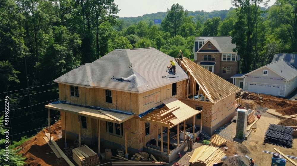 Structure of two-story residential suburban house under construction. Concept of real estate development, self build a home, aerial view. Structure of two-story residential suburban house under construction. Concept of real estate development, self build a home, aerial view.