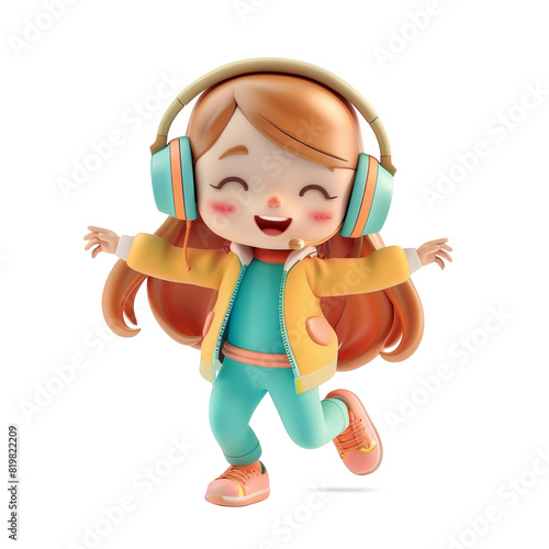 3D cute girl wearing headphones and dance
