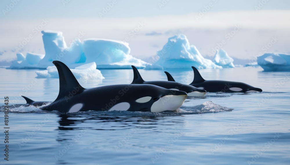 Fototapeta premium Groups of Orcas or killer whales swim and hunt for prey, the top of the food chain in a sea of ​​ice floes