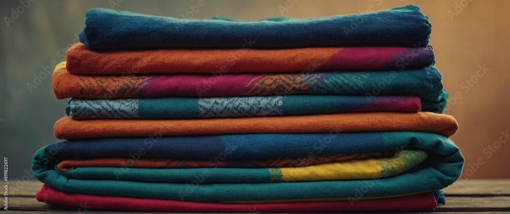 Stack of colourful cotton clothes clsoe up pile of towels Stack of colourful cotton clothes clsoe up pile of towels