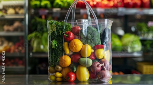 A transparent tote bag filled with colorful fruits and vegetables  the vibrant produce creating an eye-catching display against the backdrop of a bustling farmers market. 32k  full ultra HD  high reso