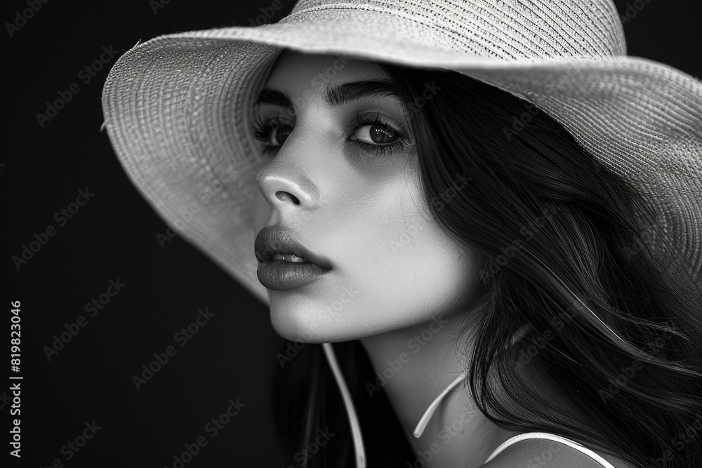 A woman wearing a hat, suitable for fashion or summer themes A woman wearing a hat, suitable for fashion or summer themes