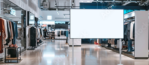 A clean slate of a billboard positioned within a clothing store, ready to convey promotional messages and seasonal offers with crisp clarity and captivating visuals