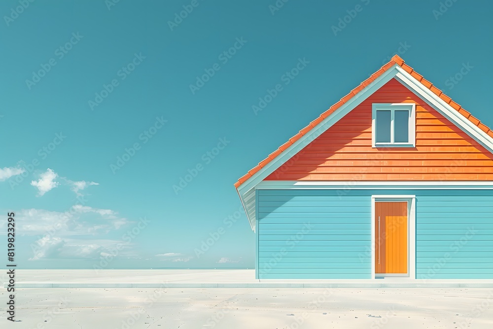 Minimalistic Beach House with Vibrant Red Roof and Blue Walls under Clear Sky Coastal Architecture for Posters or Prints Minimalistic Beach House with Vibrant Red Roof and Blue Walls under Clear Sky Coastal Architecture for Posters or Prints