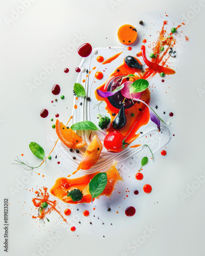 Culinary art showcasing vibrant and delicious dishes with intricate plating techniques, isolated