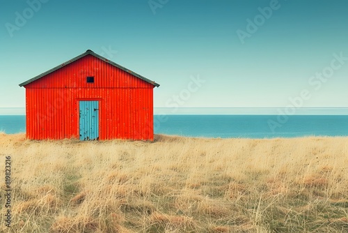 Red Cabin by the Ocean - Serene Coastal Landscape for Peaceful Retreat, Design for Print, Poster