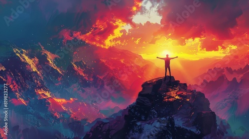 Person standing on a mountain at sunrise