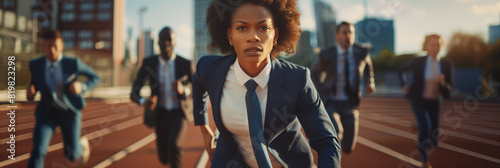 A group of business professionals in suits competitively running on a track, a woman at the lead, symbolizing women empowerment in corporate competition and the relentless pursuit of success