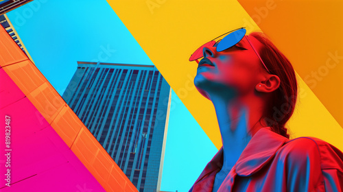 Geometric style collage with woman portrait in big city (architecture / real estate background)