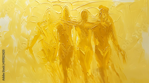 Three girls in bikinis standing on a beach, painted in silhouette. Subtle yellow tones create a serene, unassuming scene. Ideal for summer-themed designs and tranquil visual compositions