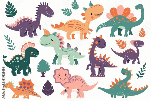 A variety of cartoon dinosaurs in different poses. Ideal for educational materials or children s products