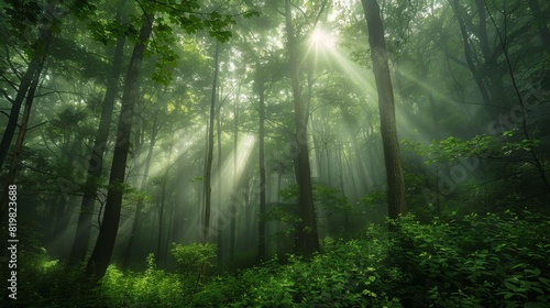 Mystical forest with sunlight rays