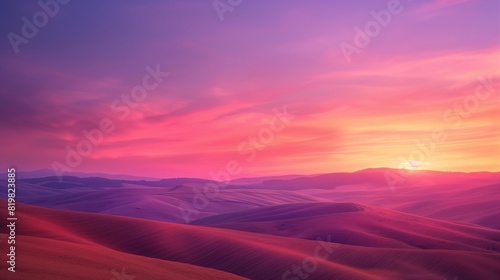 A vibrant sunset over rolling hills, with the sky ablaze in shades of pink, purple, and orange casting a warm glow over the landscape. 32k, full ultra HD, high resolution