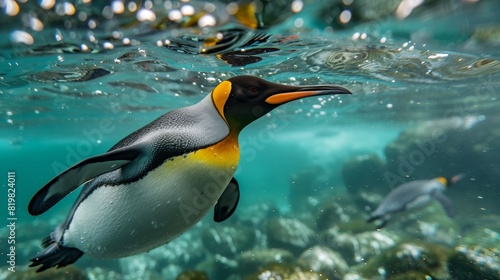 King Penguin Swimming Underwater with Bubbles