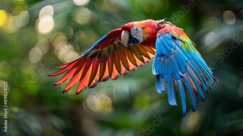 Flying macaw with vibrant plumage