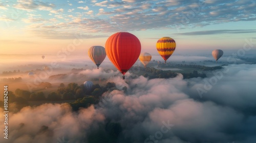 Hot air balloons floating above clouds