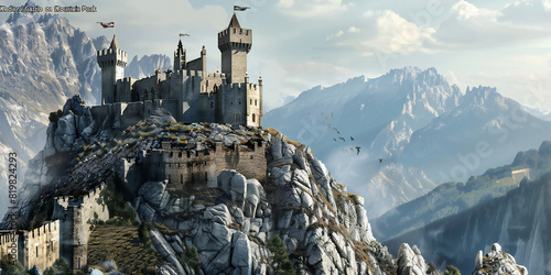 Medieval Castle Perched on Mountain Peak An image of a majestic medieval castle perched atop a rugged mountain peak, with stone walls, towers, and turrets rising against the dramatic backdrop of rocky photo
