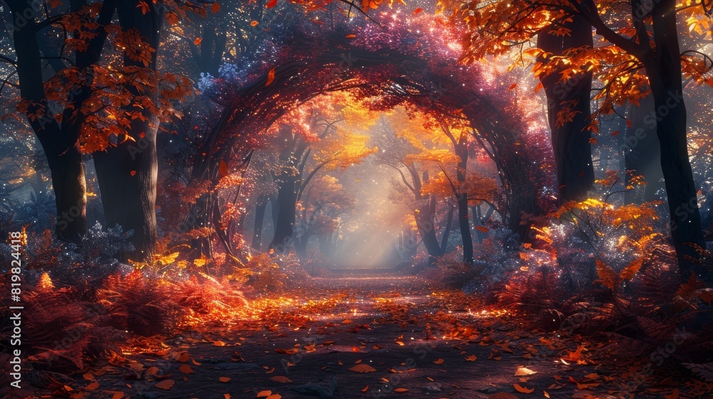 Enchanted Log Archway in Mystical Forest Wonderland with Colorful Leaves and Dawn Mist - Fantasy Illustration of Whimsical Scene Enchanted Log Archway in Mystical Forest Wonderland with Colorful Leaves and Dawn Mist - Fantasy Illustration of Whimsical Scene