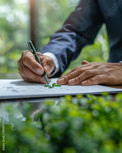 Close-up of a businessperson signing documents with a green leaf, symbolizing sustainability and eco-friendliness
