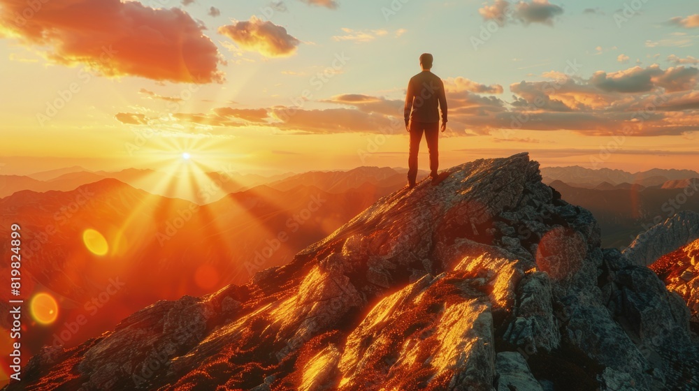 A man standing on top of a mountain at sunset. Perfect for outdoor and adventure concepts