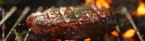 A piece of meat is on a grill, with some herbs on top,having a barbecue , barbecue grill, summer activities.