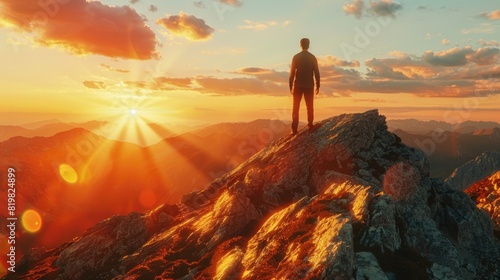 A man standing on top of a mountain at sunset. Perfect for outdoor and adventure concepts