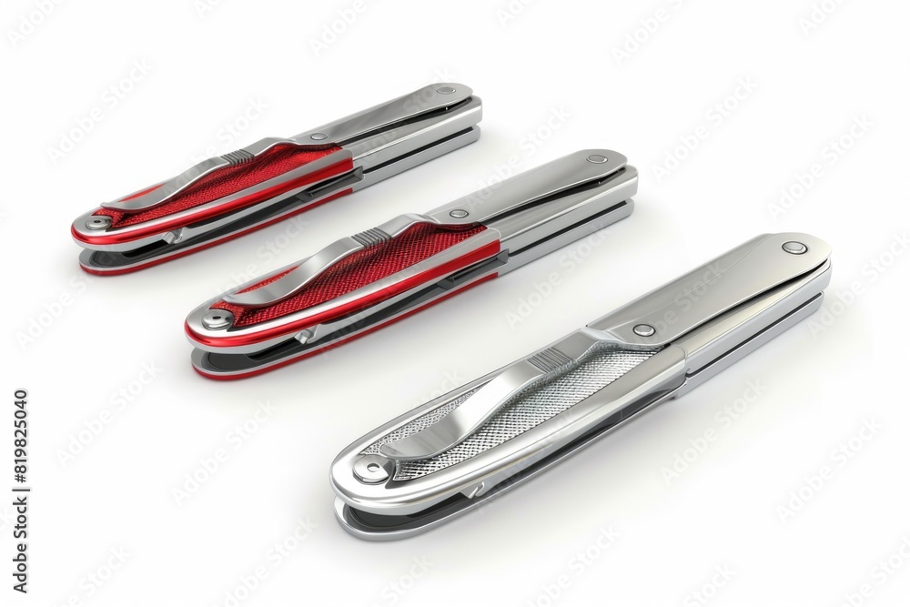 Three Swiss Army knives with red handles on a white background. Perfect for illustrating versatility and functionality Three Swiss Army knives with red handles on a white background. Perfect for illustrating versatility and functionality