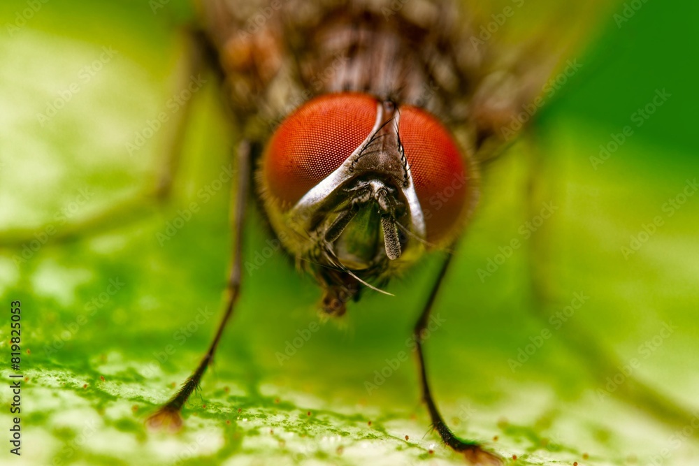Naklejka premium Detailed close-up macro of a shiny golden greenbottle fly sitting on a leaf. Domestic fly. close up compound eyes of fly on green background. Fly on a leaf macro