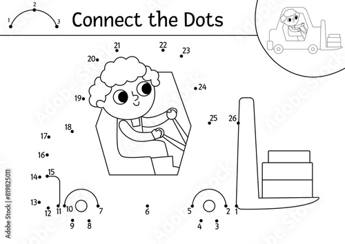 Vector construction site dot-to-dot and color activity with forklift. Building works line connect the dots game for children. Printable worksheet or coloring page with industrial vehicle.