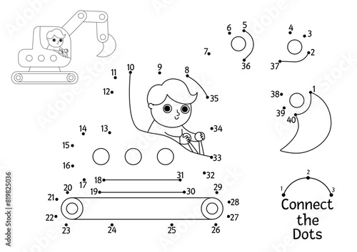 Vector construction site dot-to-dot and color activity with excavator. Building works line connect the dots game for children. Printable worksheet or coloring page with industrial vehicle.