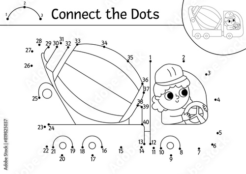 Vector construction site dot-to-dot and color activity with concrete mixer. Building works line connect the dots game for children. Printable worksheet or coloring page with industrial vehicle.