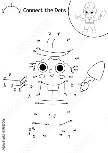 Vector construction site dot-to-dot and color activity with worker in hard hat holding brick and spatula. Building works line connect the dots game for children. Printable worksheet, coloring page © Lexi Claus