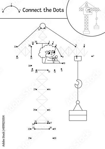 Vector construction site dot-to-dot, color and tracing activity with lifting crane. Building works line connect the dots game for children. Printable worksheet or coloring page with industrial vehicle