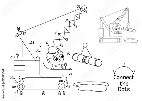 Vector construction site dot-to-dot and color activity with crawler crane. Building works line connect the dots game for children. Printable worksheet or coloring page with industrial vehicle.