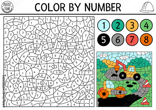 Vector construction site themed color by number activity with trucks repairing road. Black and white counting game with industrial landscape, pavement roller. Coloring page for kids with vehicle.